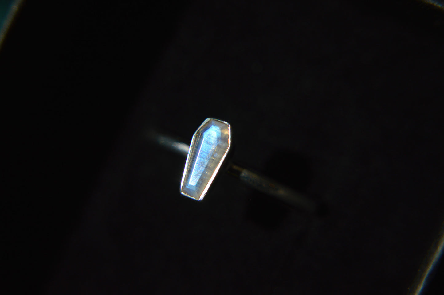 Rainbow Moonstone Coffin Sterling Silver Ring
