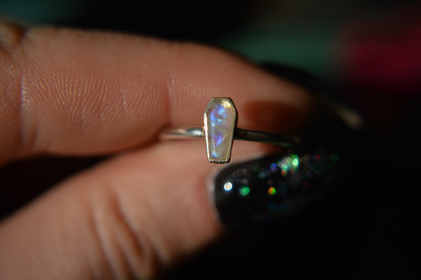 Rainbow Moonstone Coffin Sterling Silver Ring