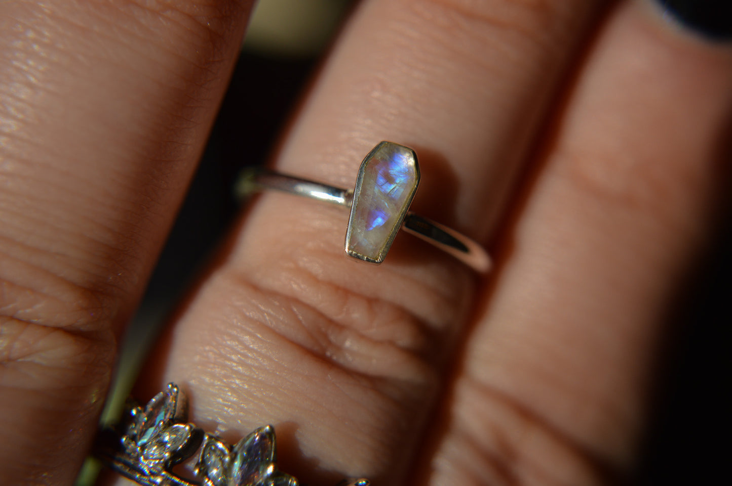 Rainbow Moonstone Coffin Sterling Silver Ring