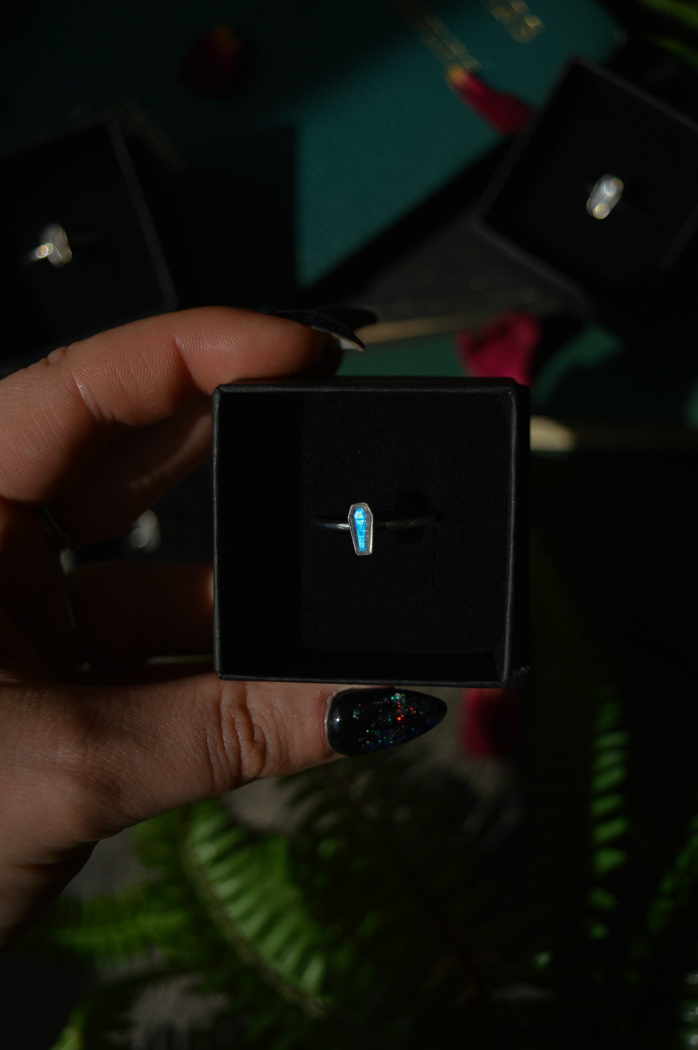 Rainbow Moonstone Coffin Sterling Silver Ring