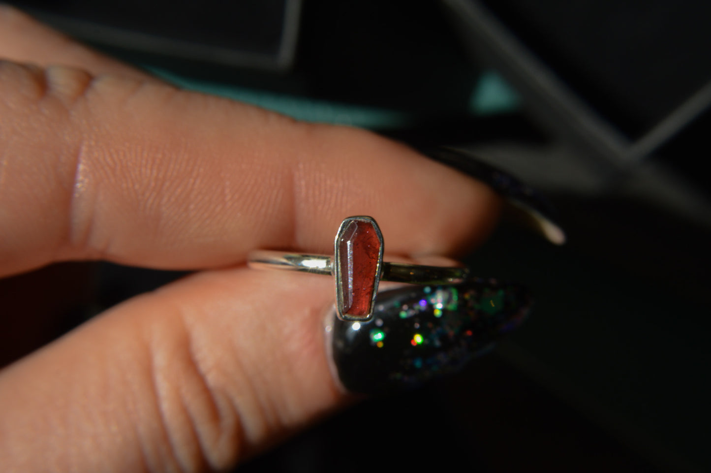 Garnet Coffin Sterling Silver Ring