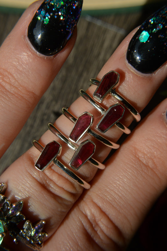 Garnet Coffin Sterling Silver Ring