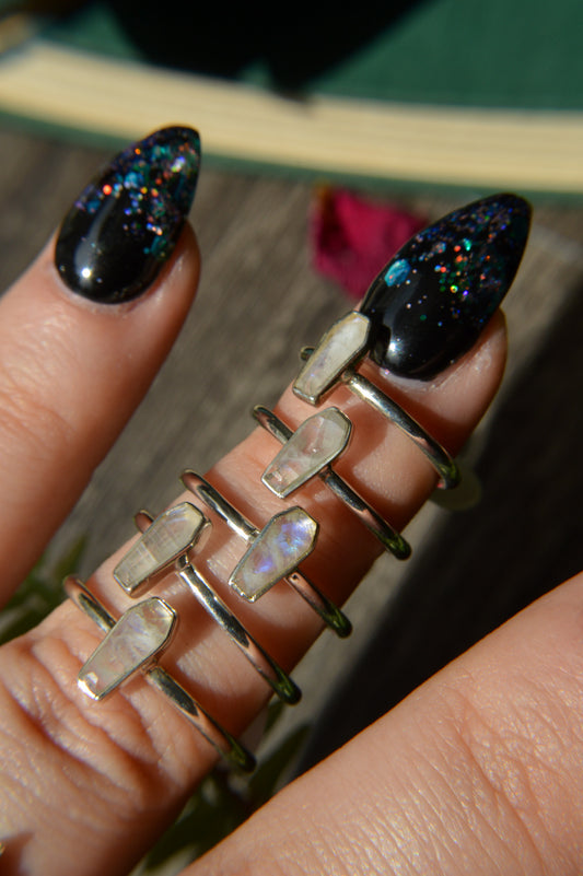 Rainbow Moonstone Coffin Sterling Silver Ring