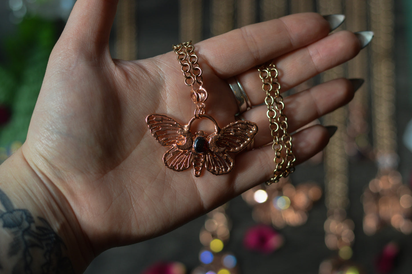 Asymmetrical Garnet Butterfly Copper Necklace