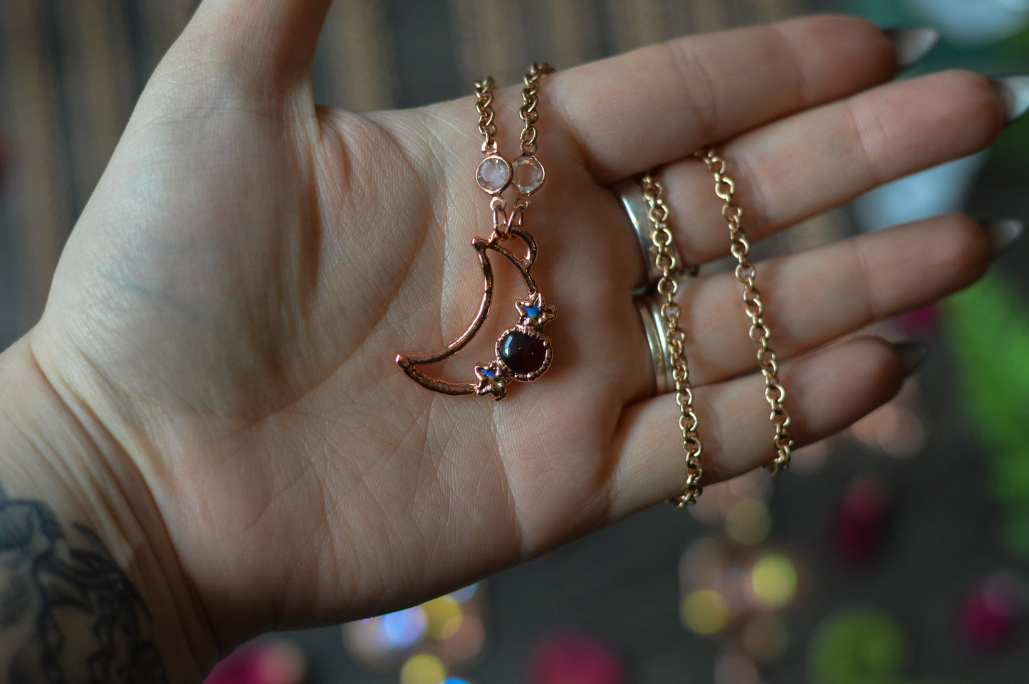 Garnet & Rhinestone Moon Copper Necklace
