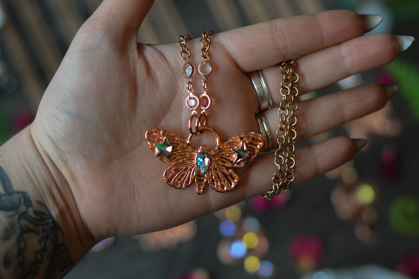 Asymmetrical Rhinestone Butterfly Copper Necklace