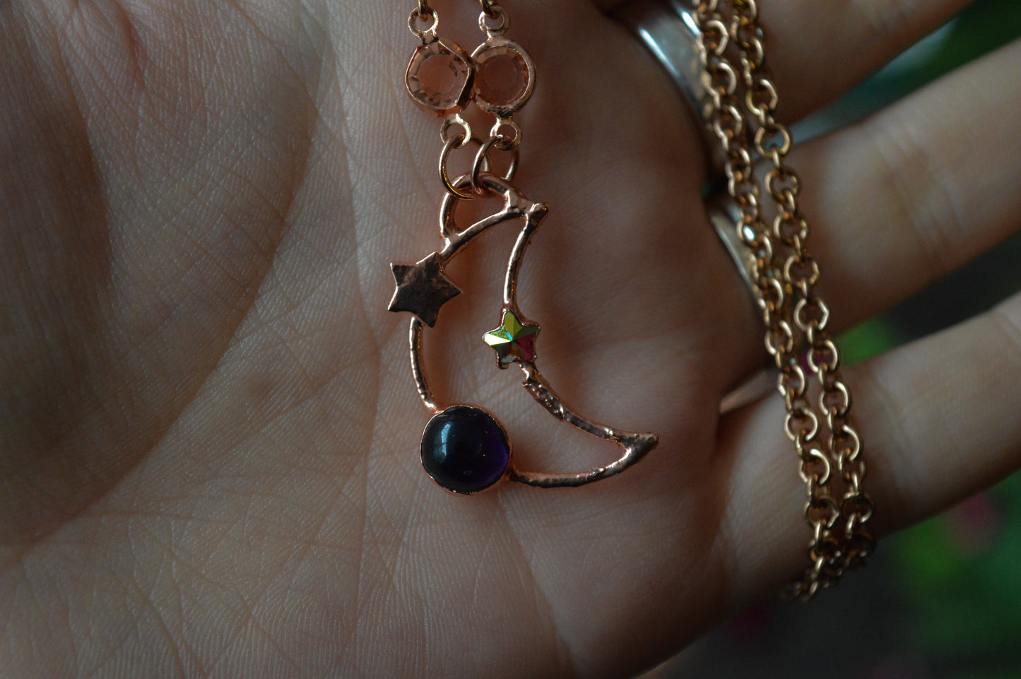 Amethyst & Rhinestone Celestial Copper Necklace