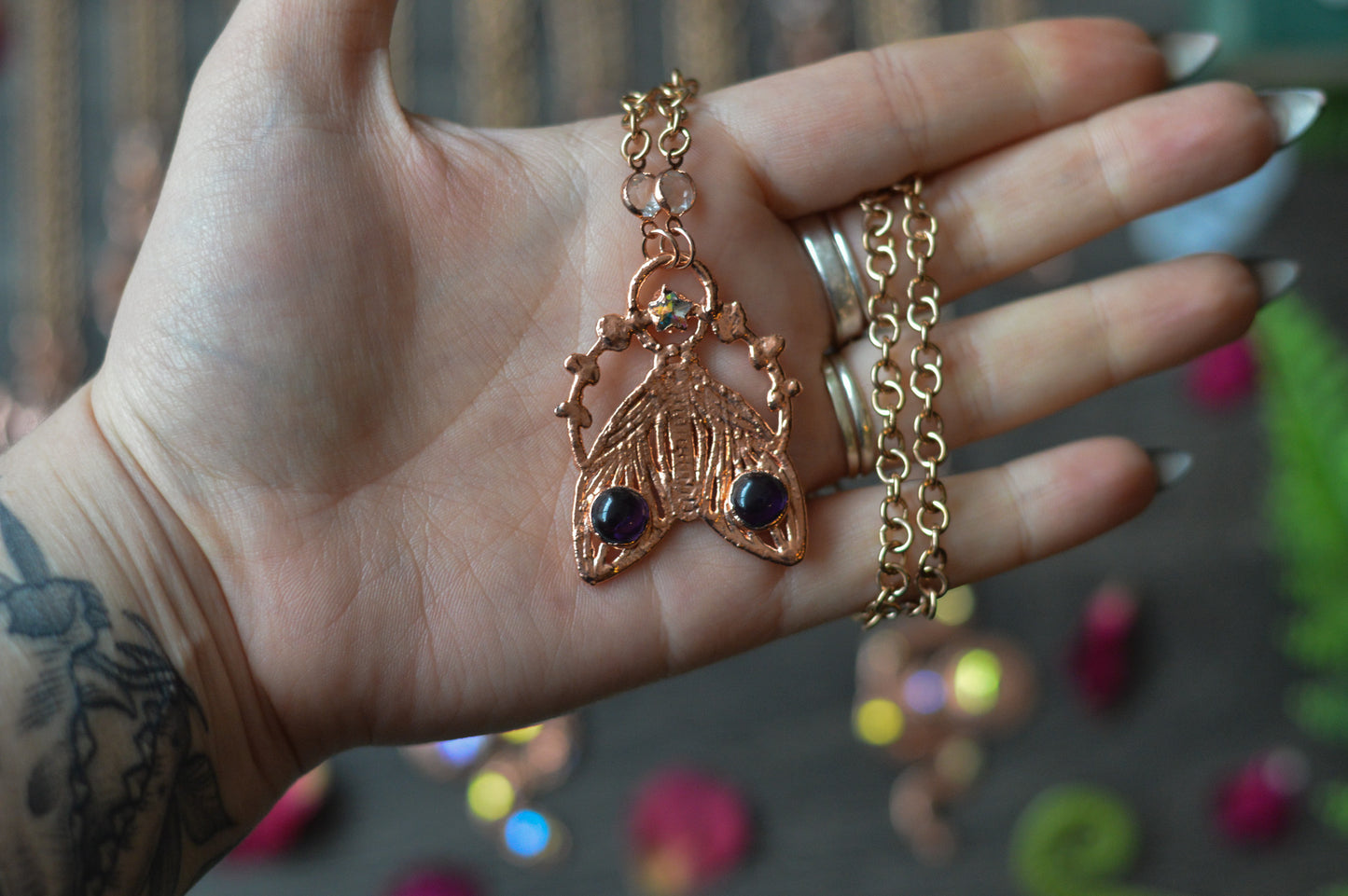 Amethyst & Rhinestone Moth Copper Necklace