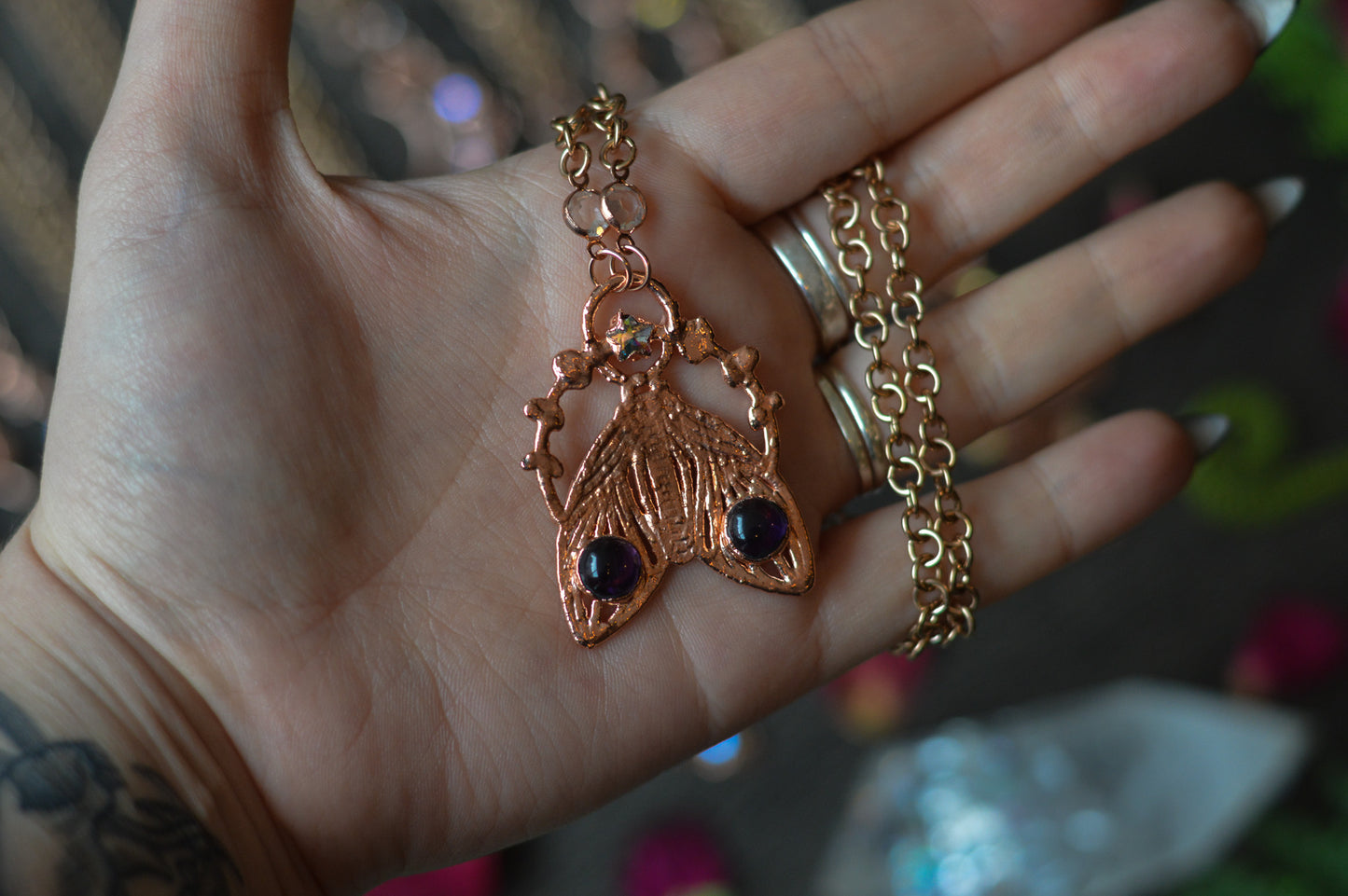 Amethyst & Rhinestone Moth Copper Necklace