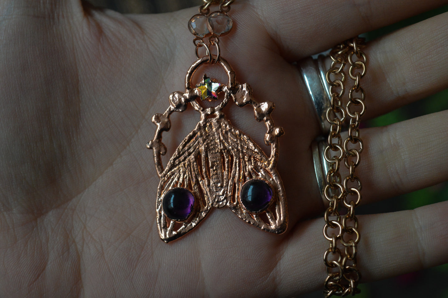 Amethyst & Rhinestone Moth Copper Necklace