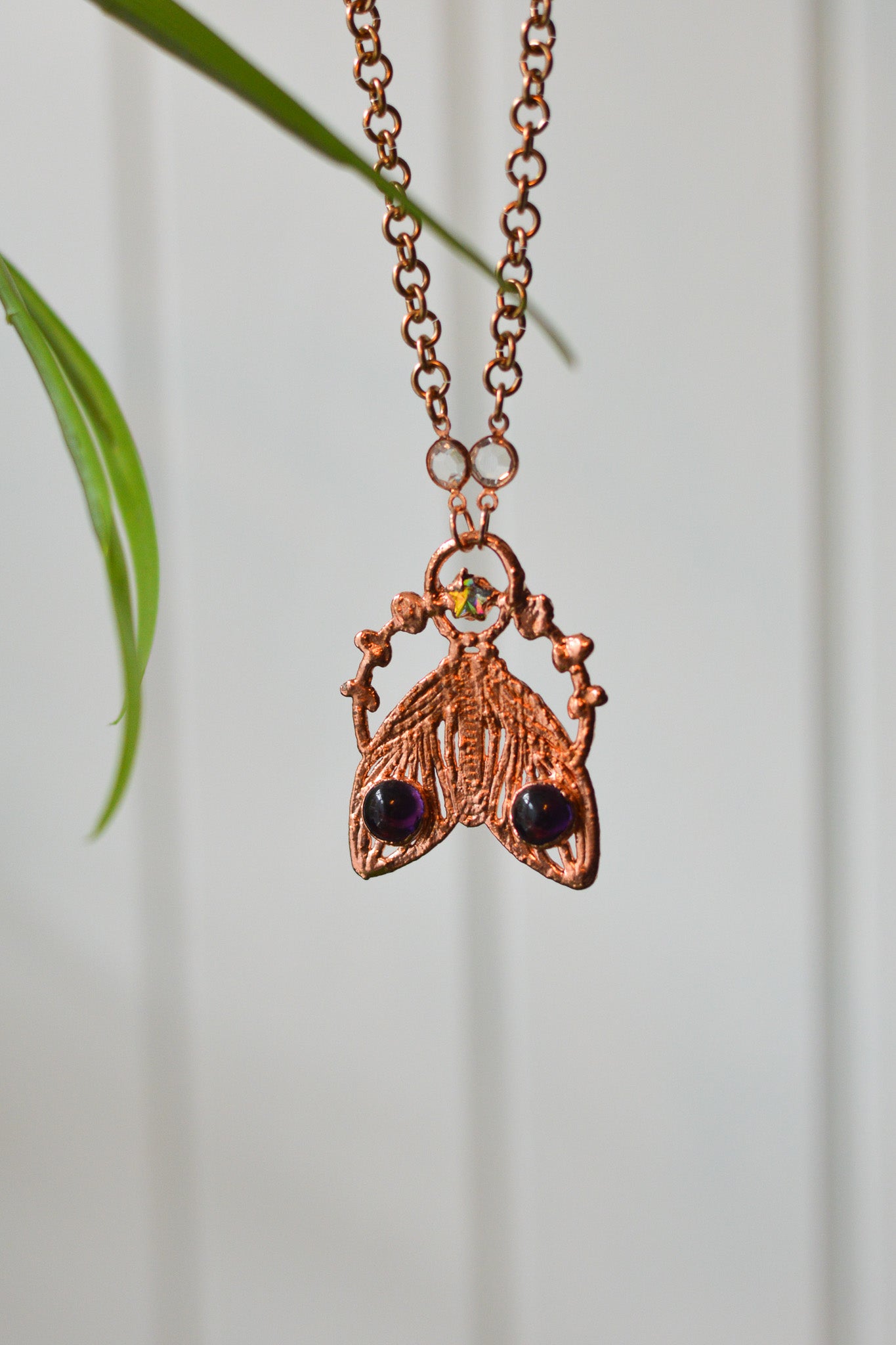 Amethyst & Rhinestone Moth Copper Necklace