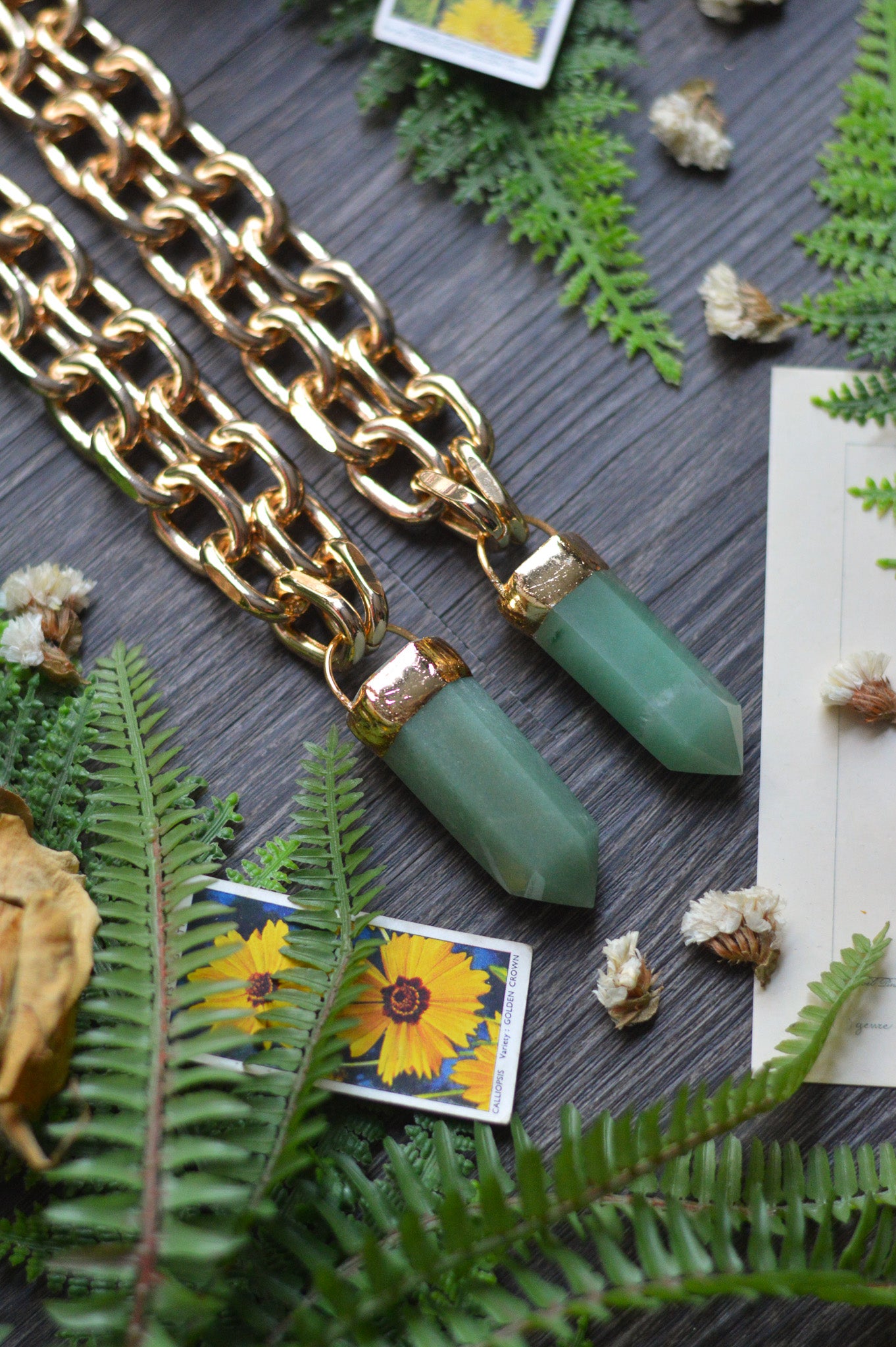 Aventurine Gold Tone Chunky Chain Necklace