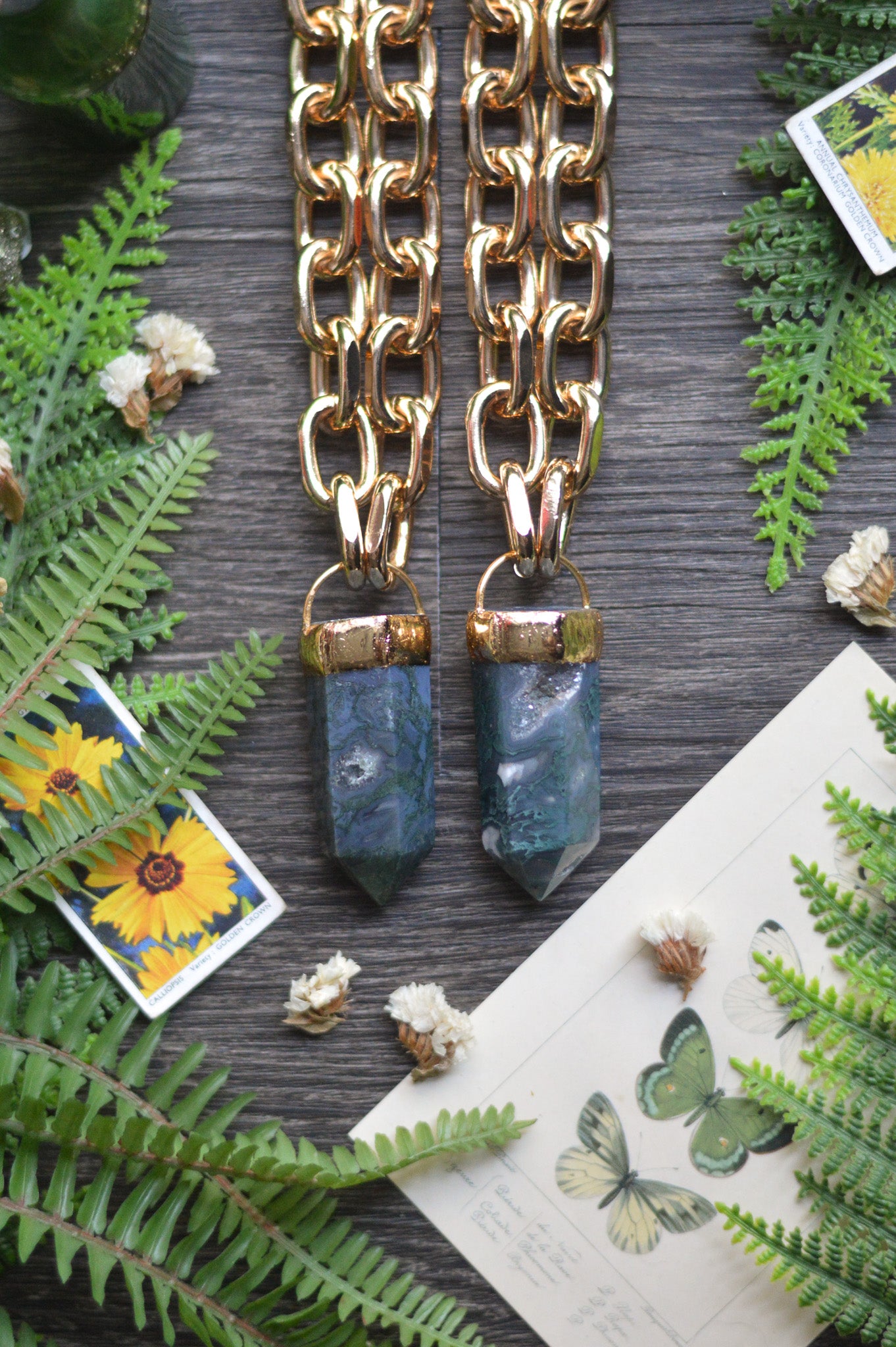 Moss Agate Gold Tone Chunky Chain Necklace