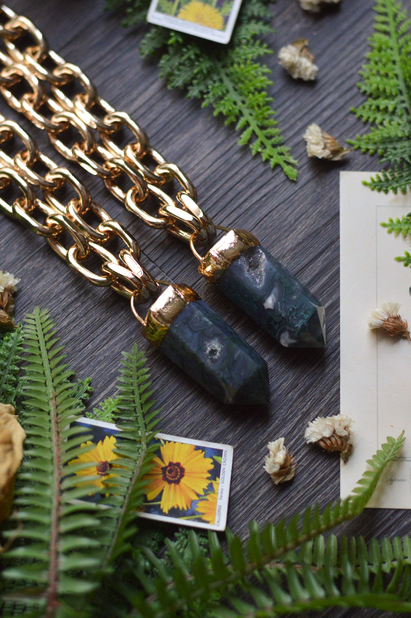 Moss Agate Gold Tone Chunky Chain Necklace