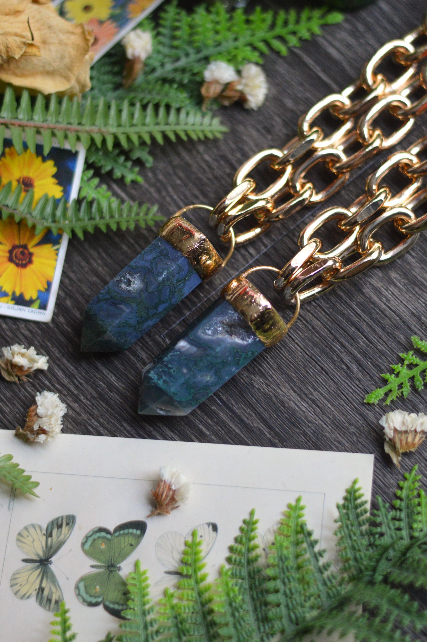 Moss Agate Gold Tone Chunky Chain Necklace