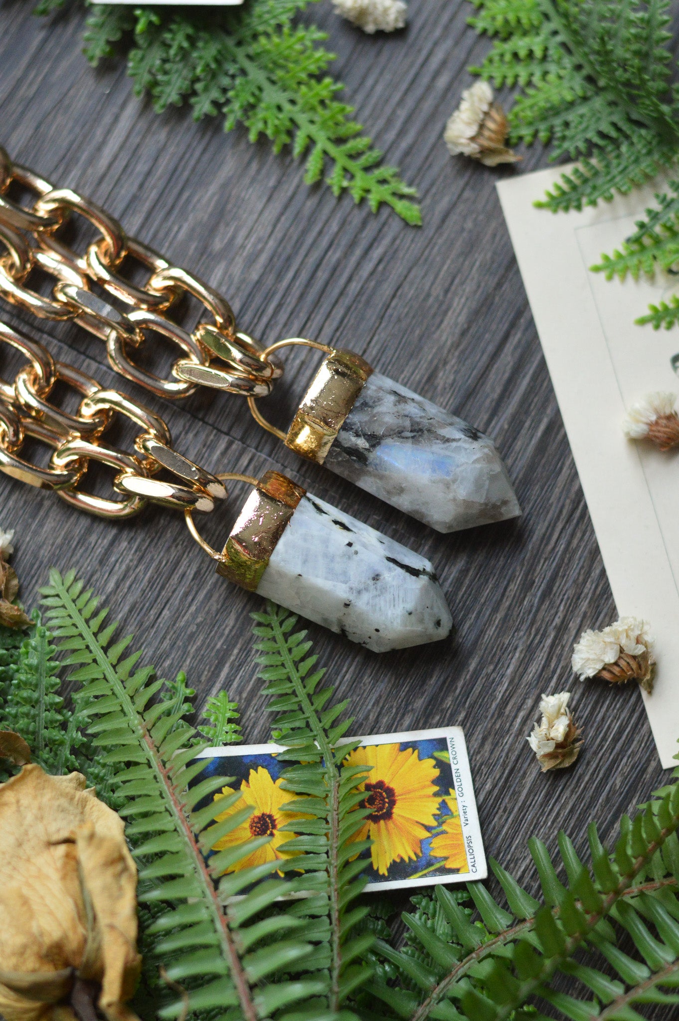 Rainbow Moonstone Gold Tone Chunky Chain Necklace