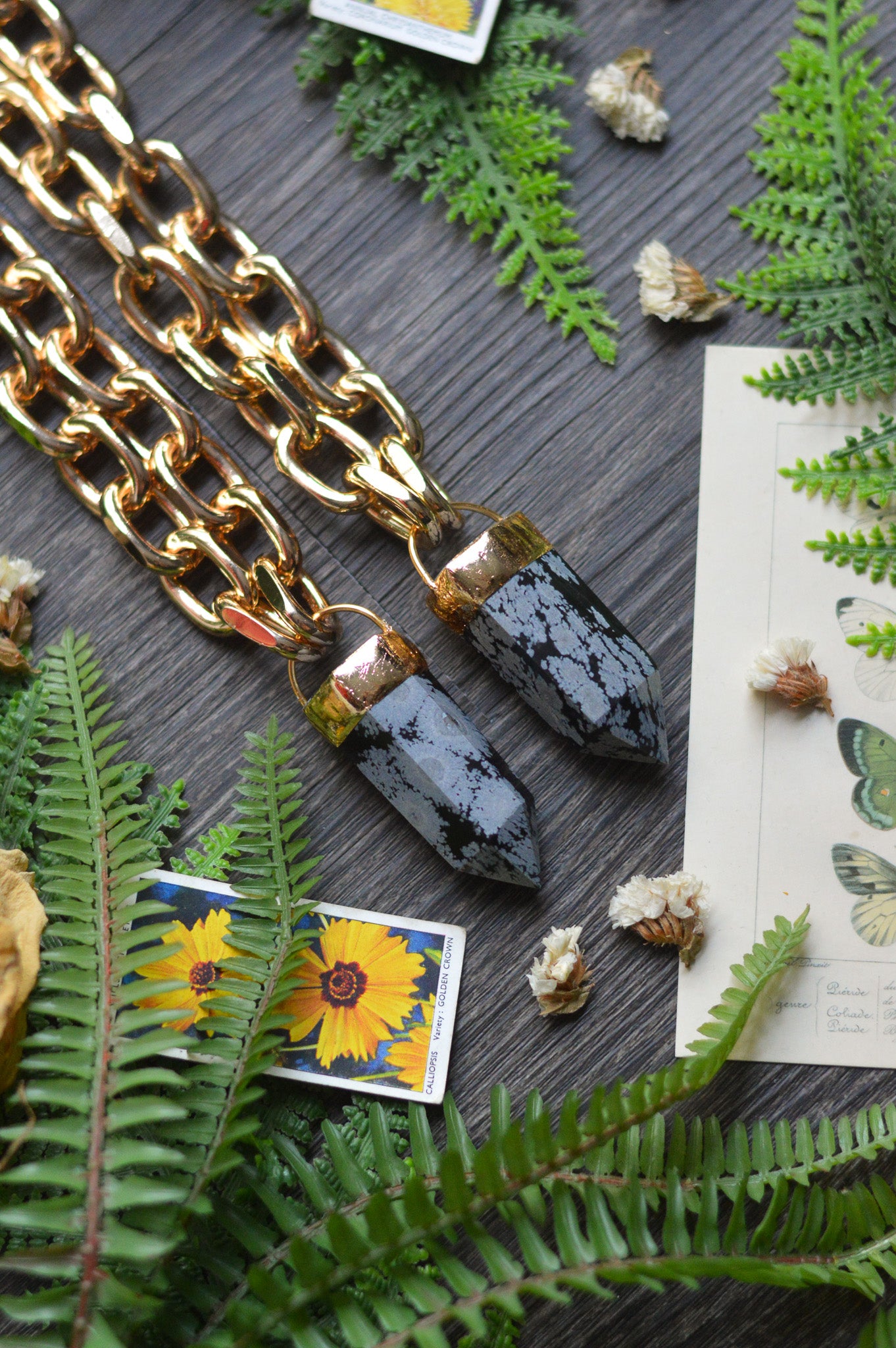 Snowflake Obsidian Gold Tone Chunky Chain Necklace