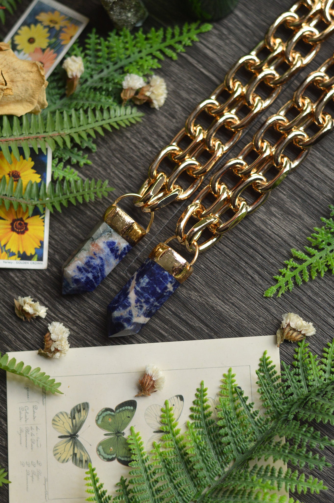 Sodalite Gold Tone Chunky Chain Necklace