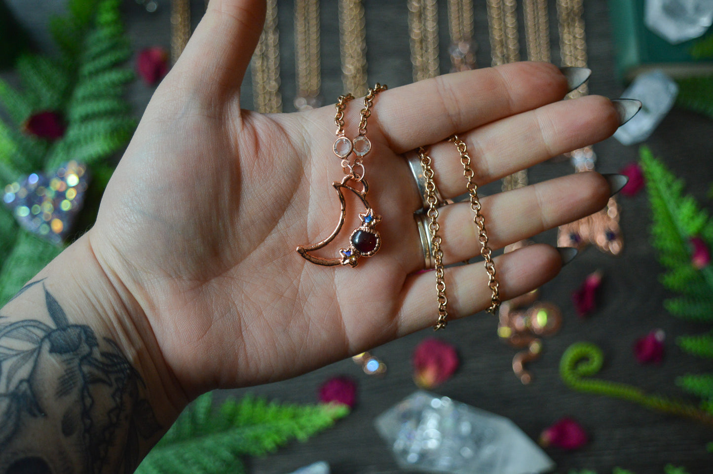 Garnet & Rhinestone Moon Copper Necklace