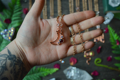 Garnet & Rhinestone Moon Copper Necklace