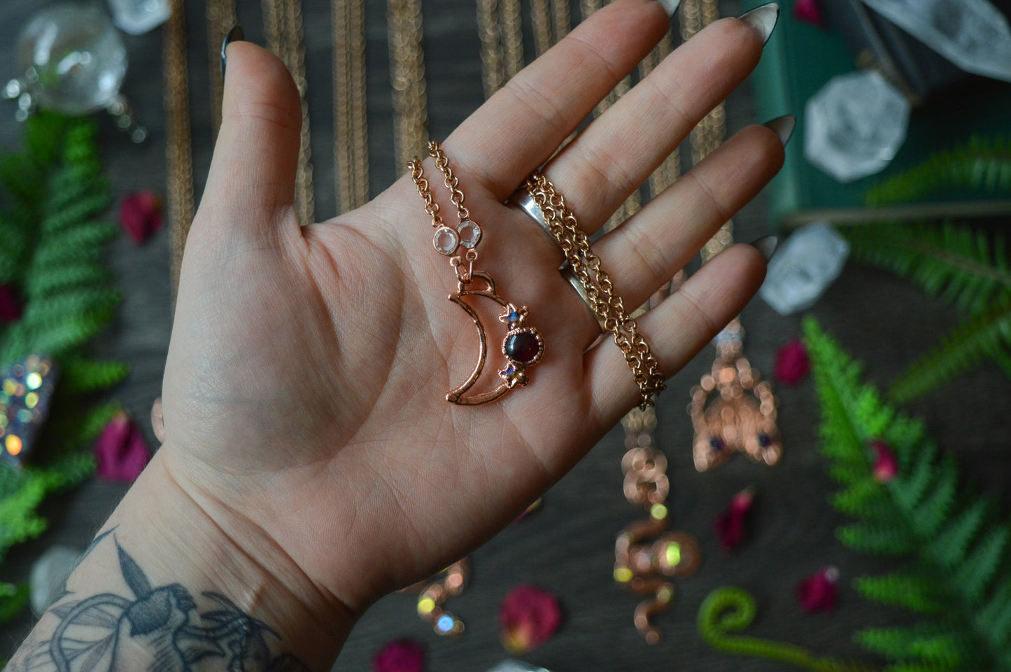 Garnet & Rhinestone Moon Copper Necklace