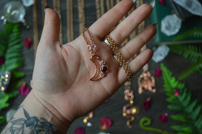 Garnet & Rhinestone Moon Copper Necklace