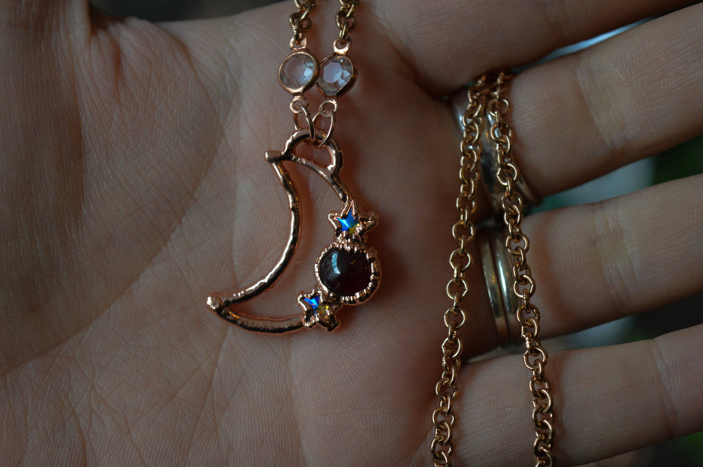 Garnet & Rhinestone Moon Copper Necklace
