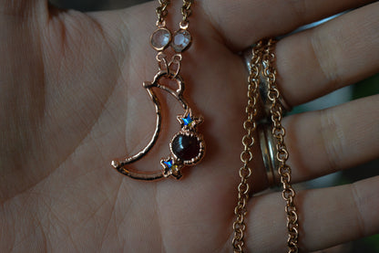 Garnet & Rhinestone Moon Copper Necklace