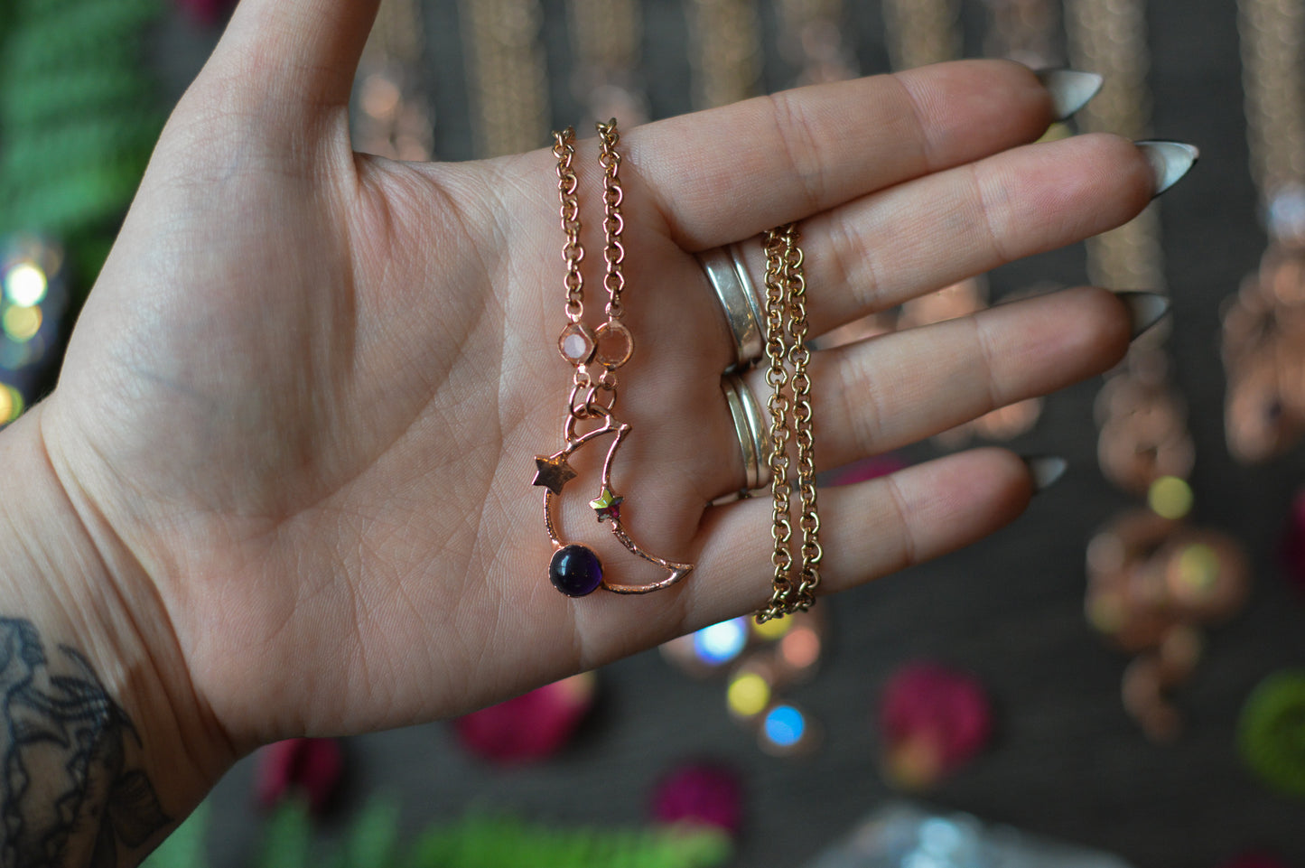 Amethyst & Rhinestone Celestial Copper Necklace