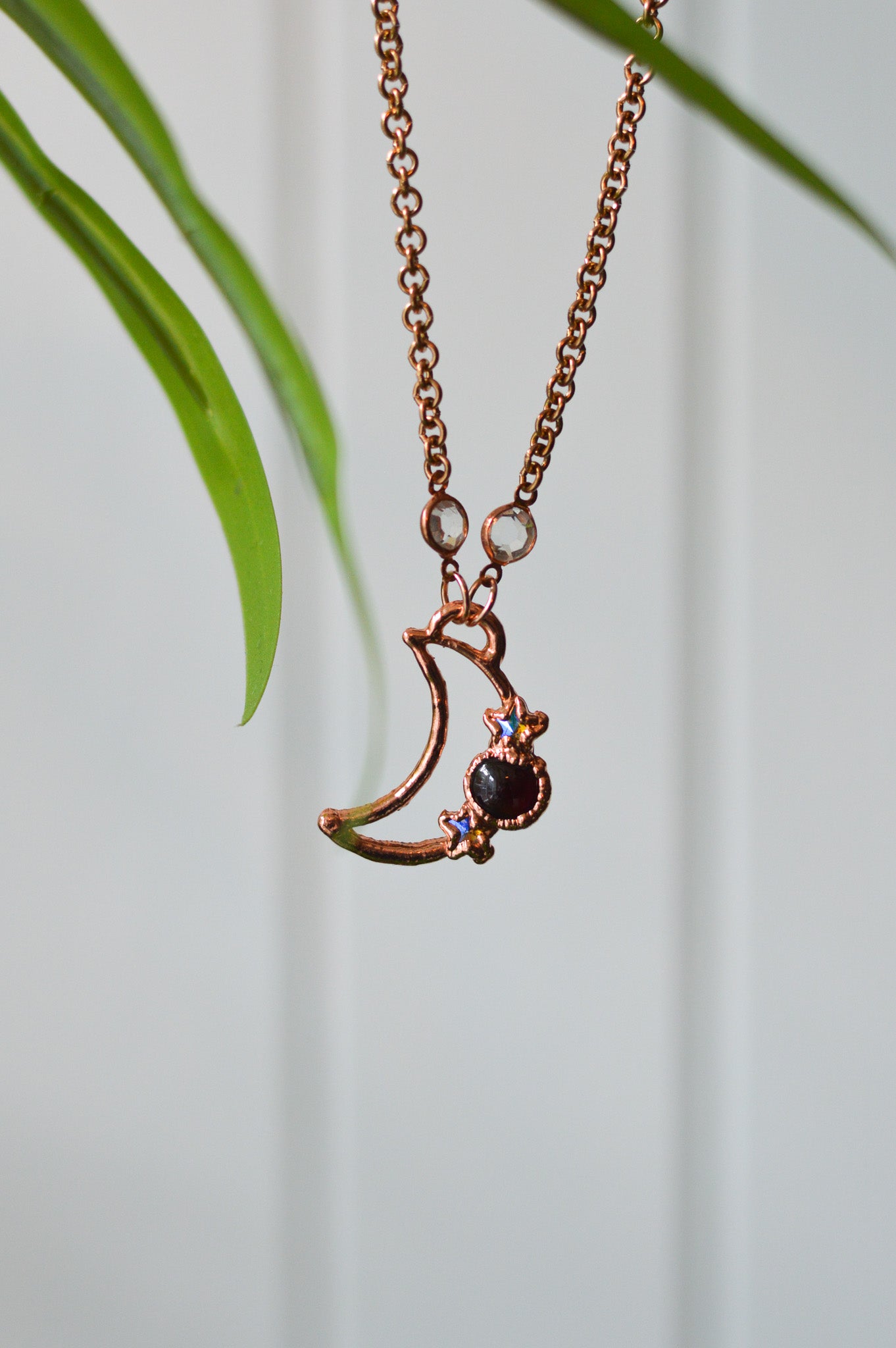 Garnet & Rhinestone Moon Copper Necklace