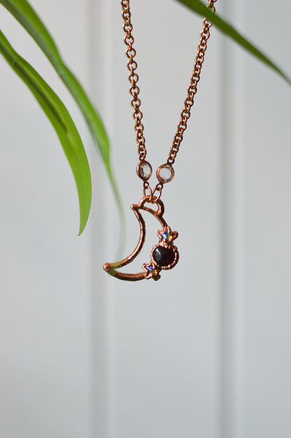 Garnet & Rhinestone Moon Copper Necklace