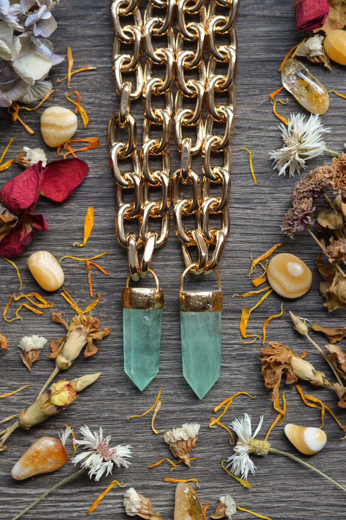 Green Fluorite Gold Tone Chunky Chain Necklace