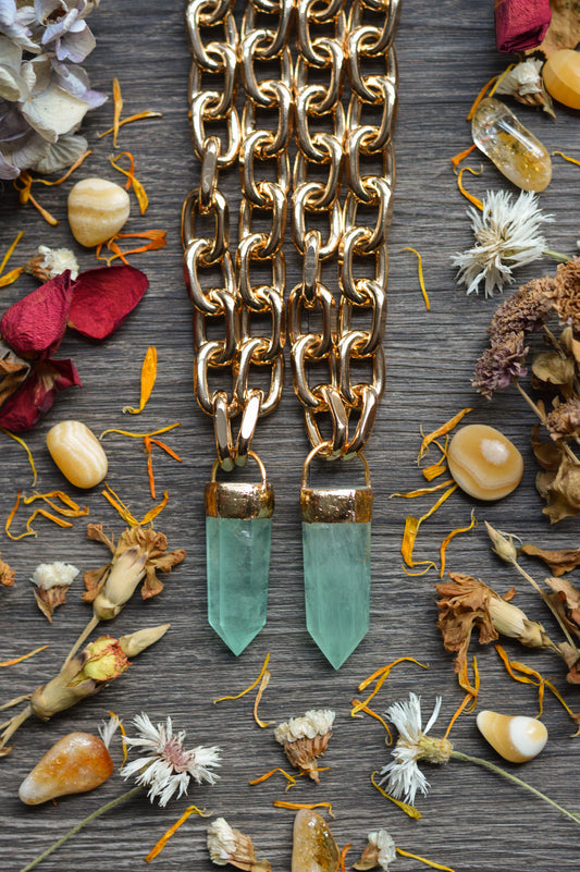 Green Fluorite Gold Tone Chunky Chain Necklace