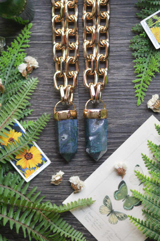 Moss Agate Gold Tone Chunky Chain Necklace