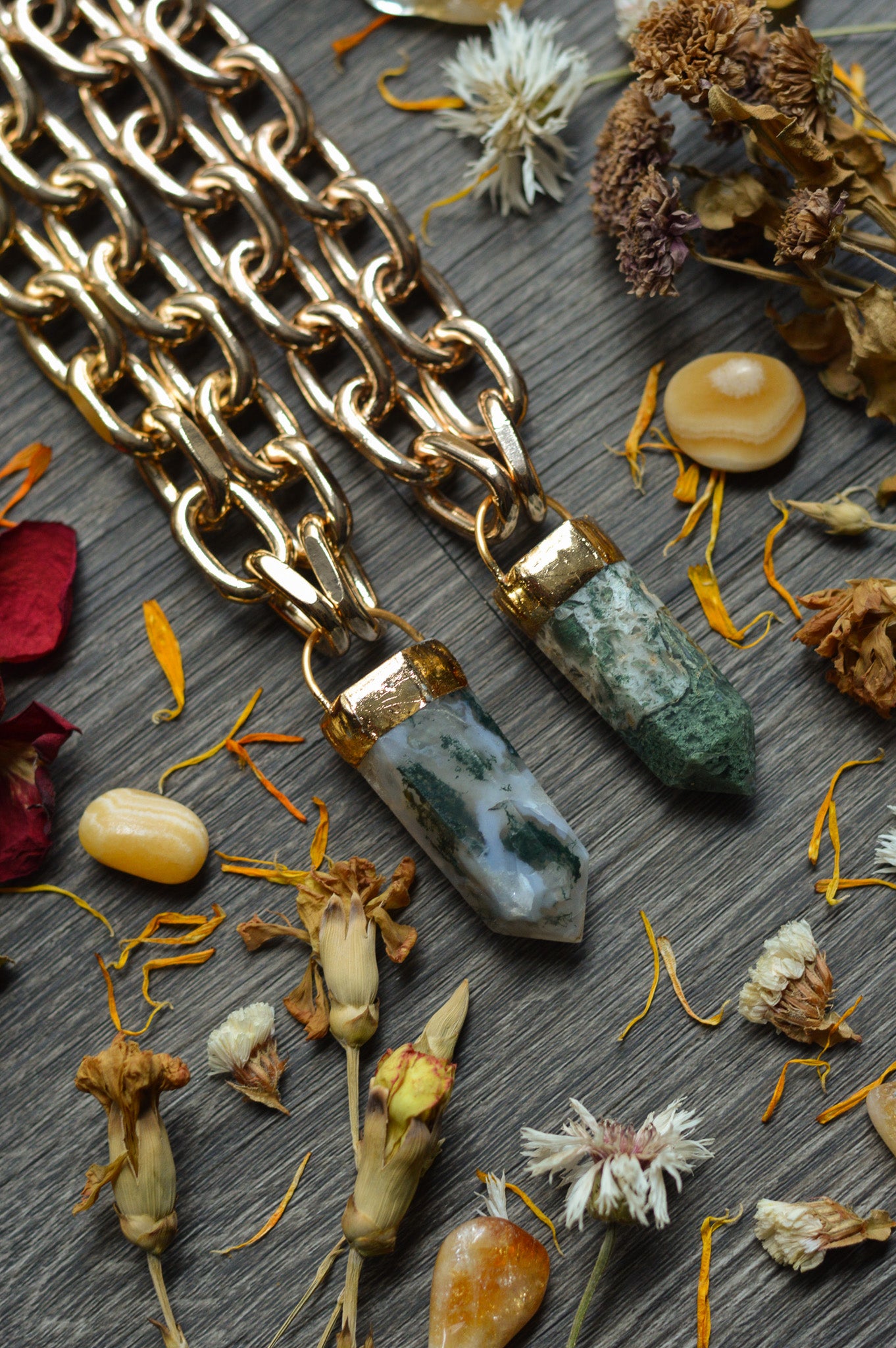 Moss Agate Gold Tone Chunky Chain Necklace