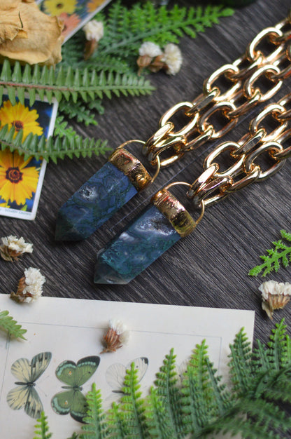 Moss Agate Gold Tone Chunky Chain Necklace