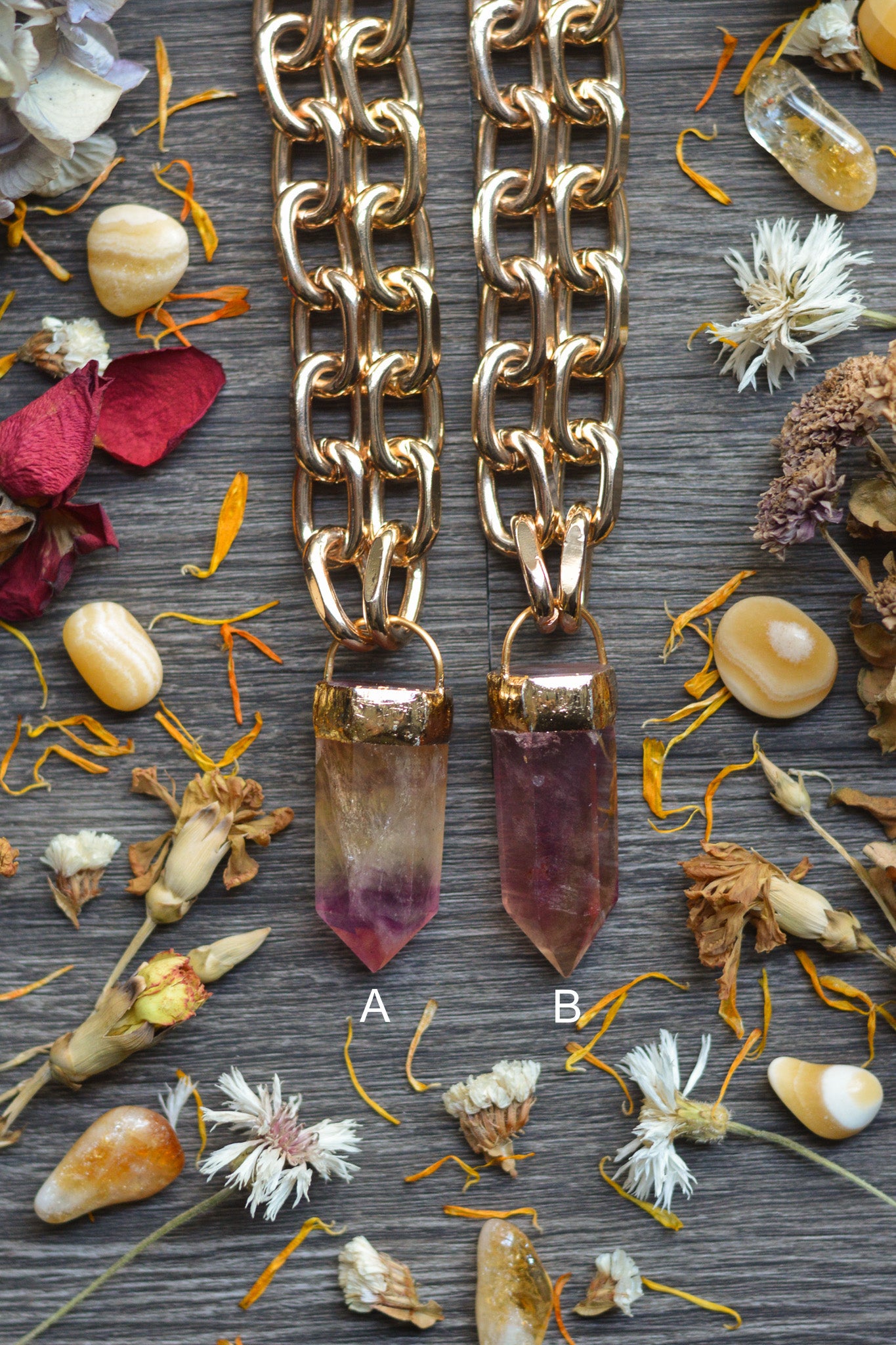 Pastel/Purple Fluorite Gold Tone Chunky Chain Necklace