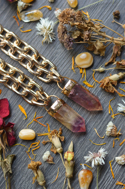 Pastel/Purple Fluorite Gold Tone Chunky Chain Necklace