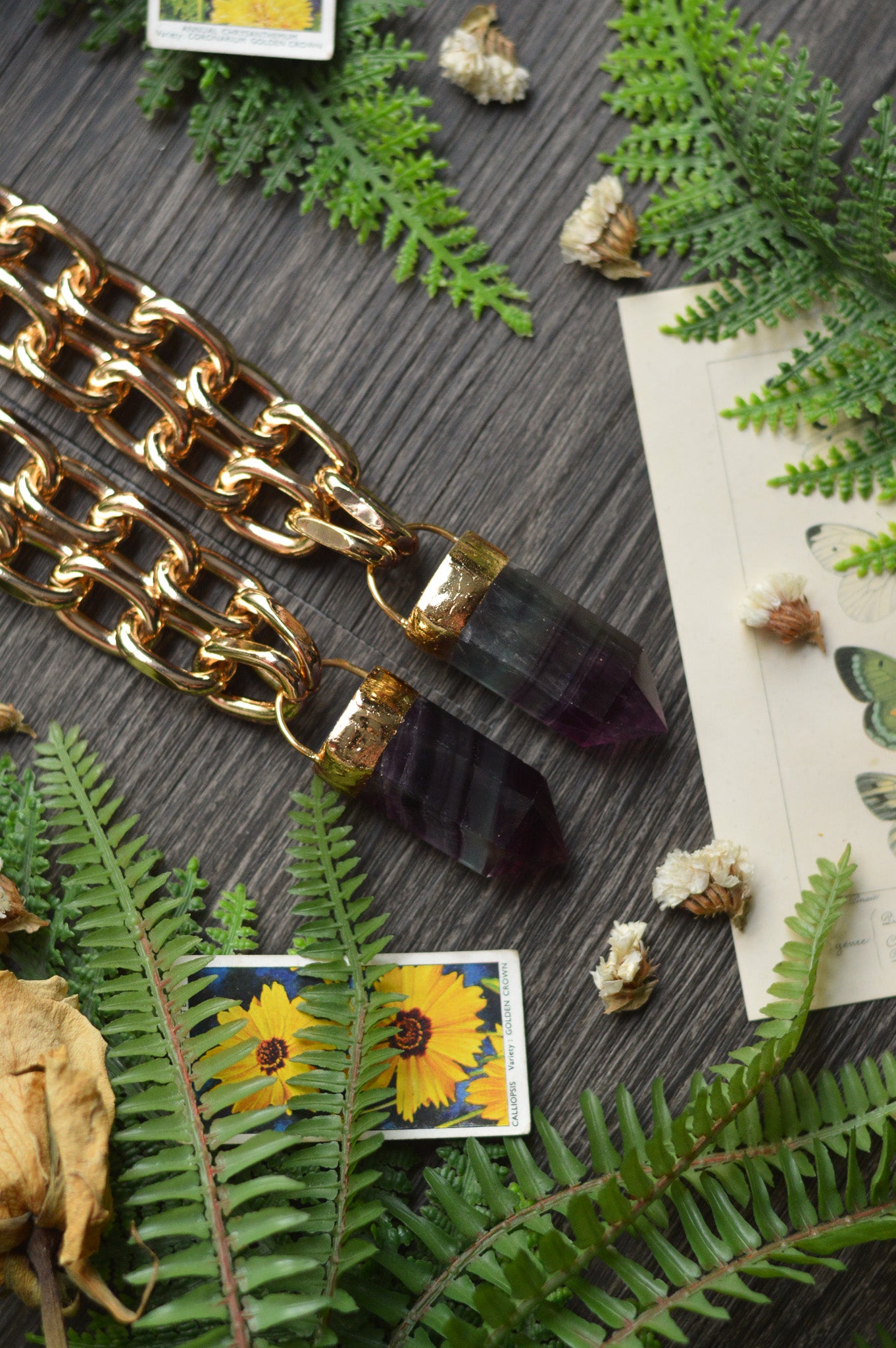Purple Fluorite Gold Tone Chunky Chain Necklace