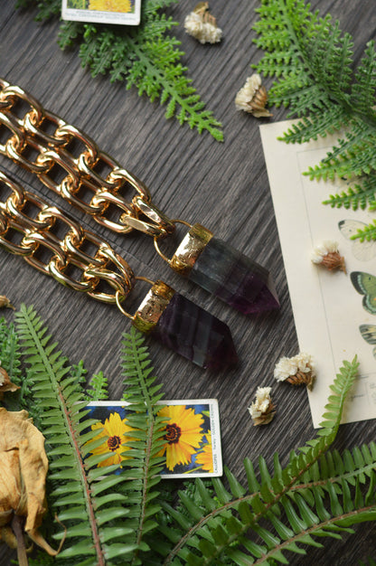 Purple Fluorite Gold Tone Chunky Chain Necklace