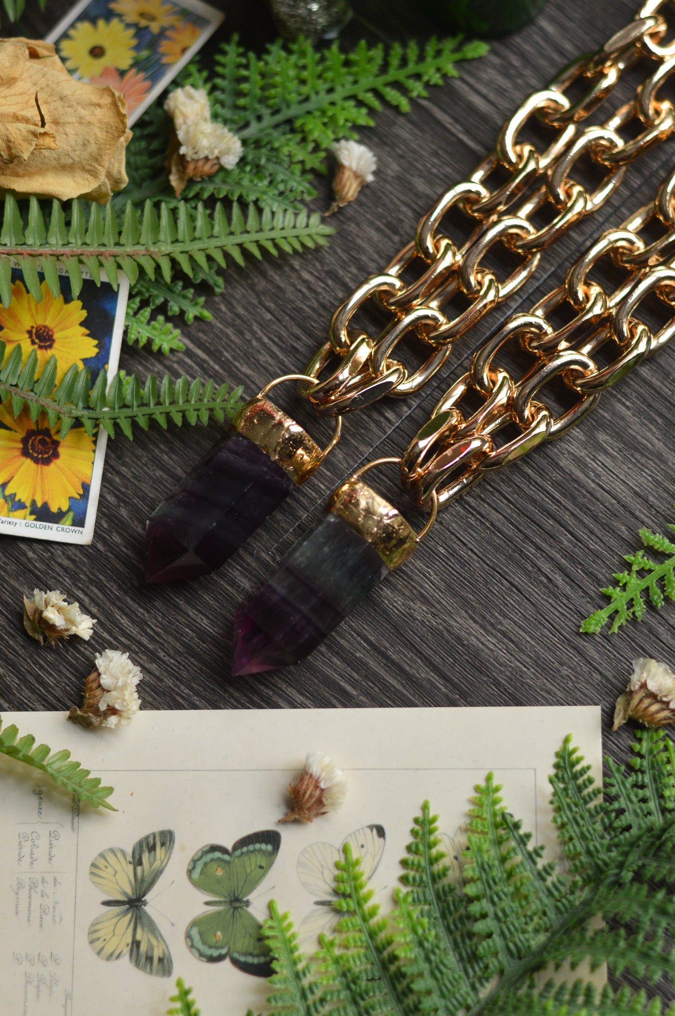 Purple Fluorite Gold Tone Chunky Chain Necklace