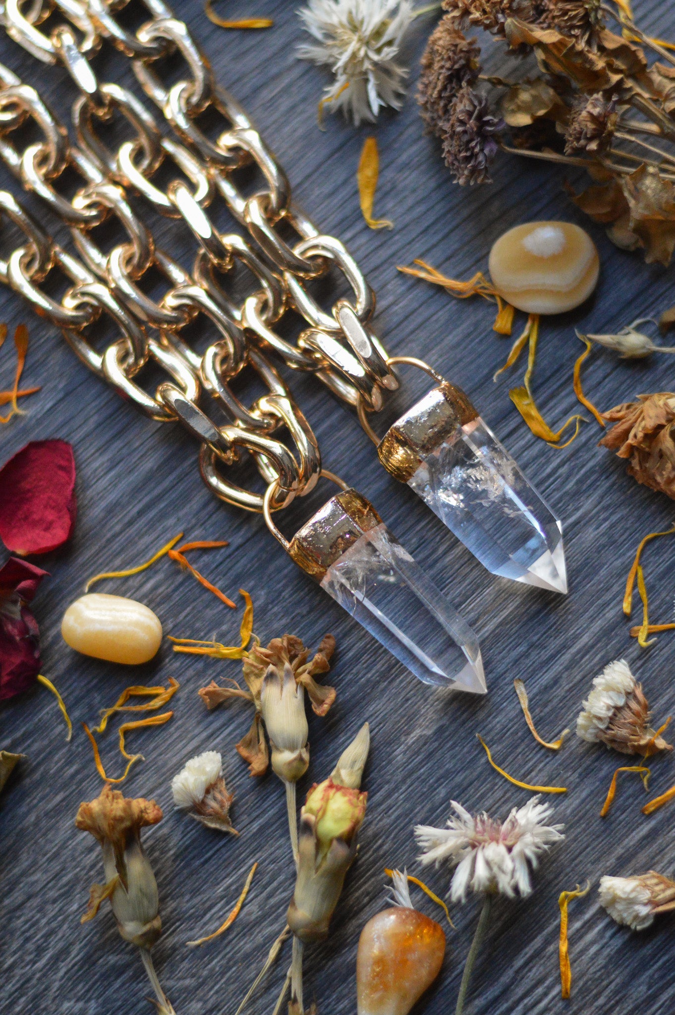 Clear Quartz Gold Tone Chunky Chain Necklace