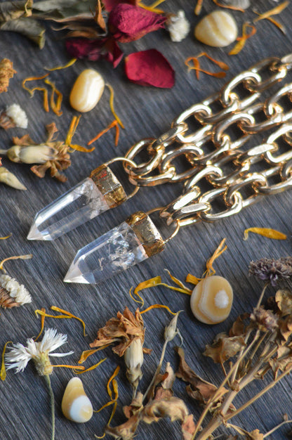 Clear Quartz Gold Tone Chunky Chain Necklace