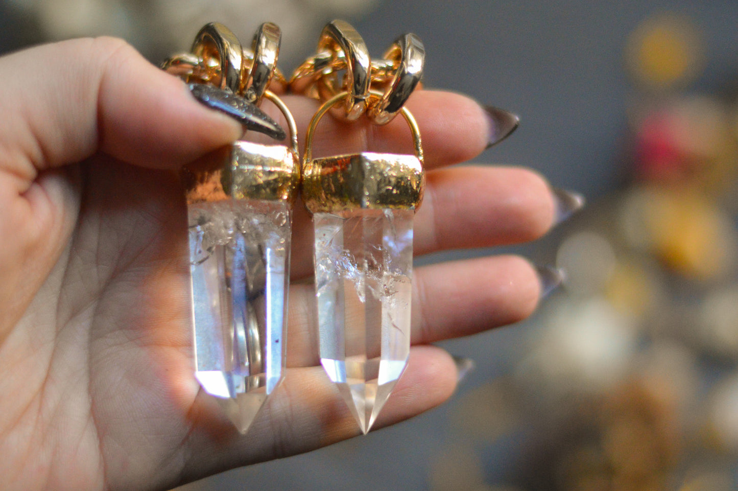 Clear Quartz Gold Tone Chunky Chain Necklace