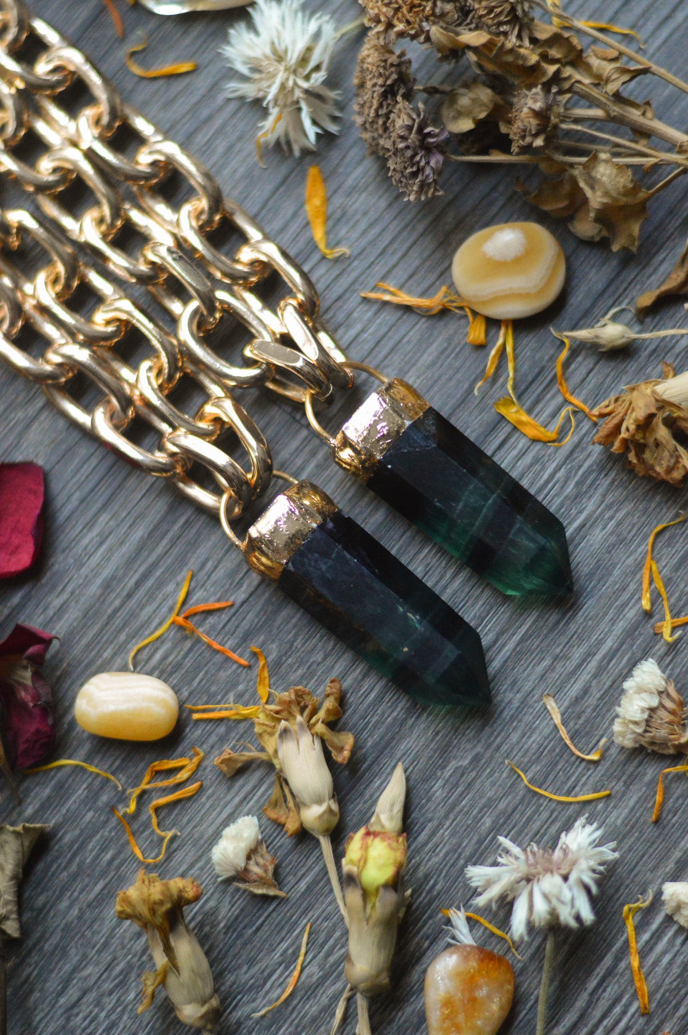 Rainbow Fluorite Gold Tone Chunky Chain Necklace