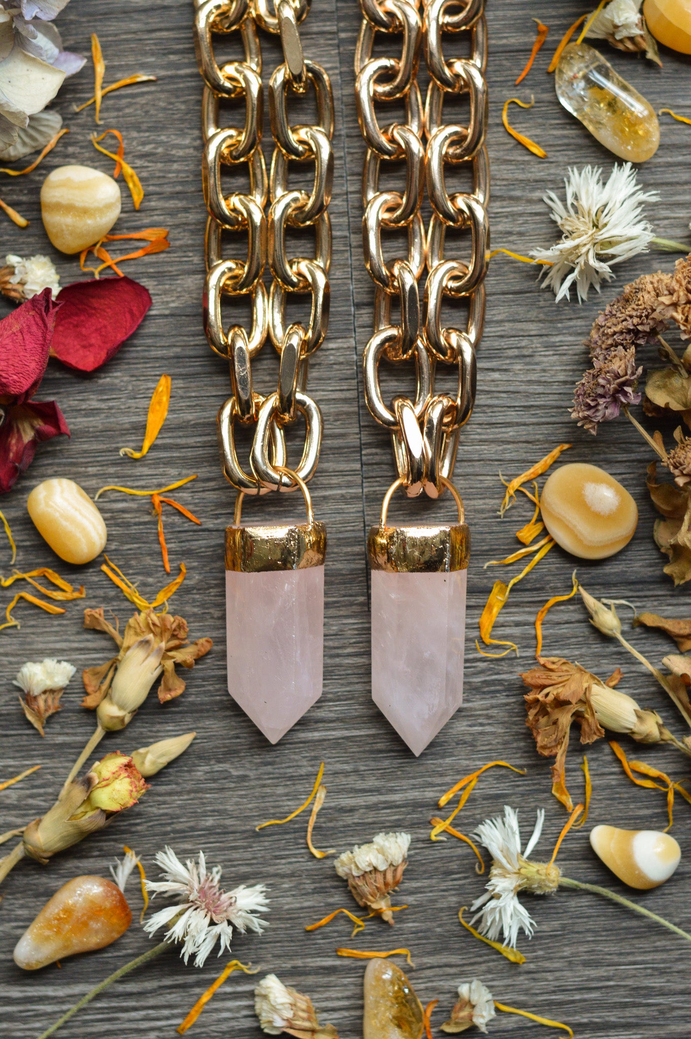 Rose Quartz Gold Tone Chunky Chain Necklace