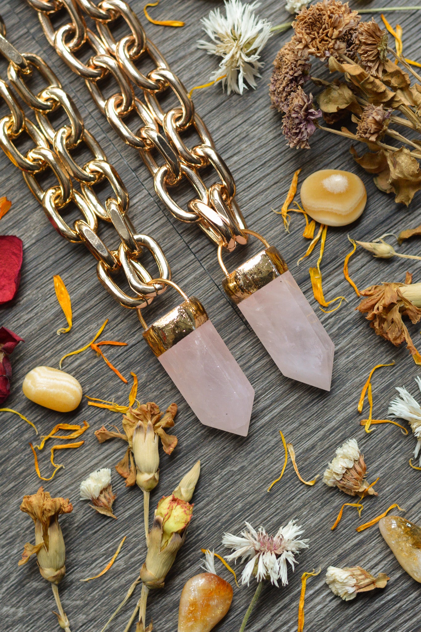 Rose Quartz Gold Tone Chunky Chain Necklace