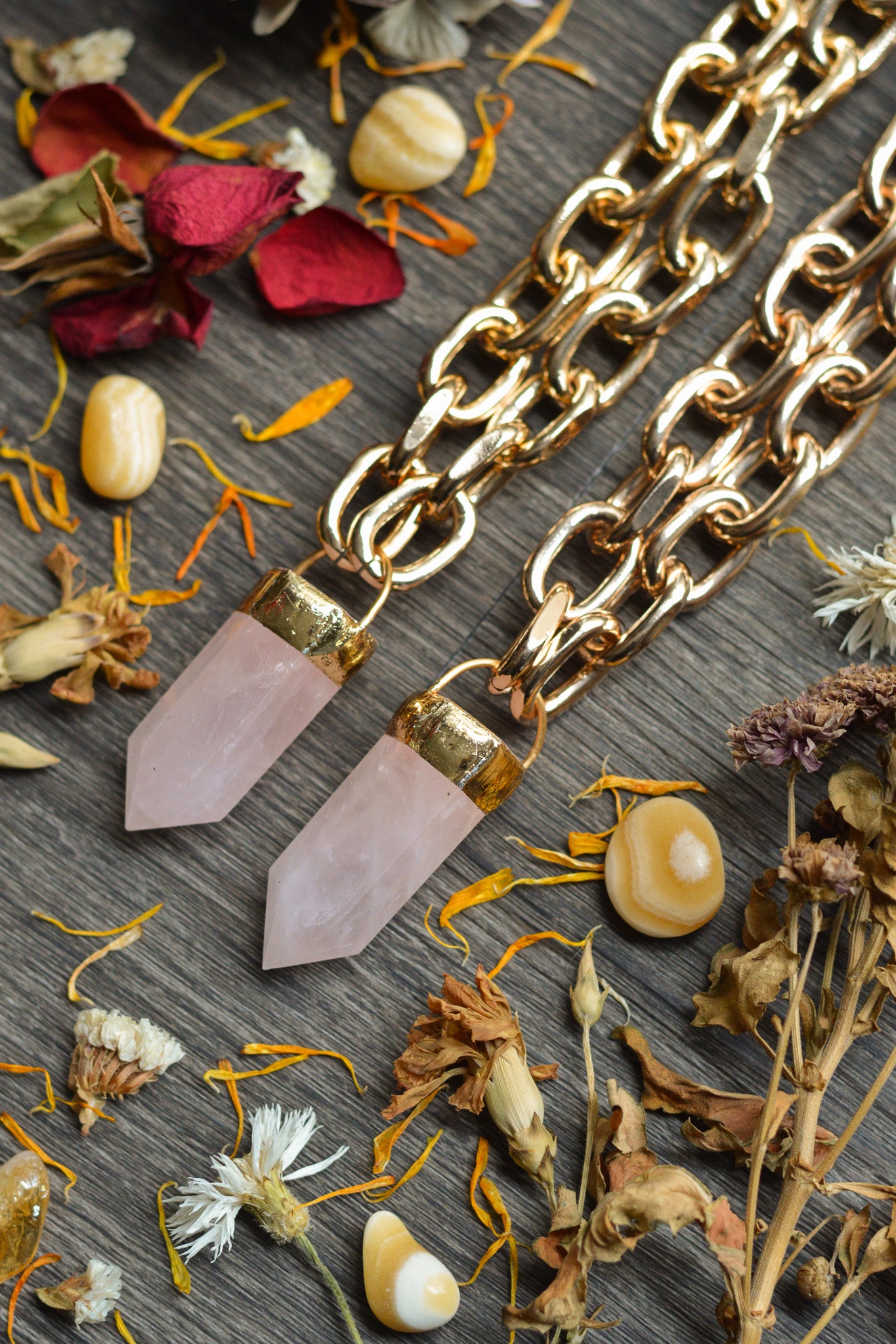 Rose Quartz Gold Tone Chunky Chain Necklace