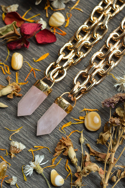 Rose Quartz Gold Tone Chunky Chain Necklace