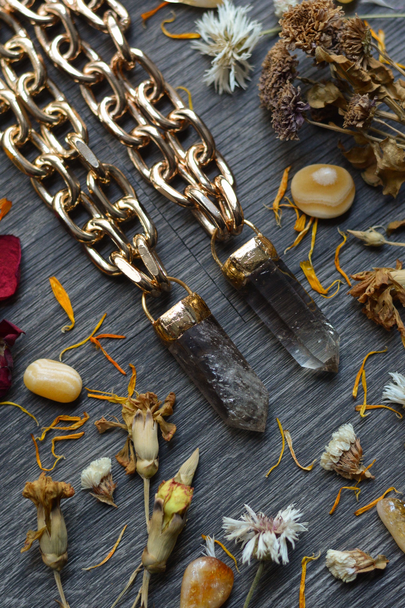 Smokey Quartz Gold Tone Chunky Chain Necklace